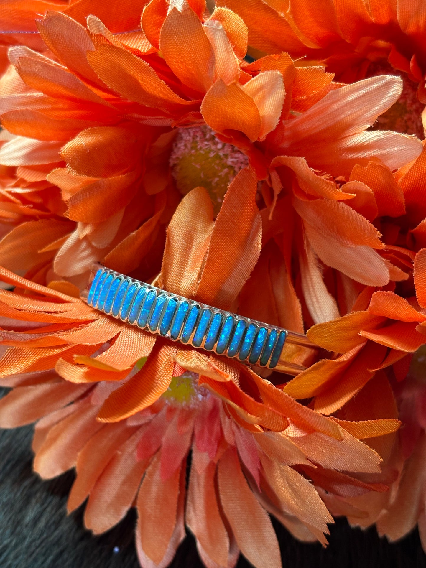 Native American Zuni Handmade Sterling Silver Blue Opal Stacker Cuff Bracelet
