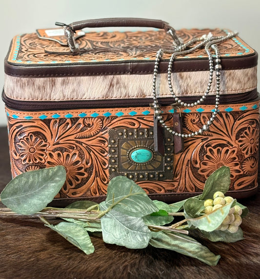 Turquoise Concho, Tooled Leather and Cowhide Jewelry Box