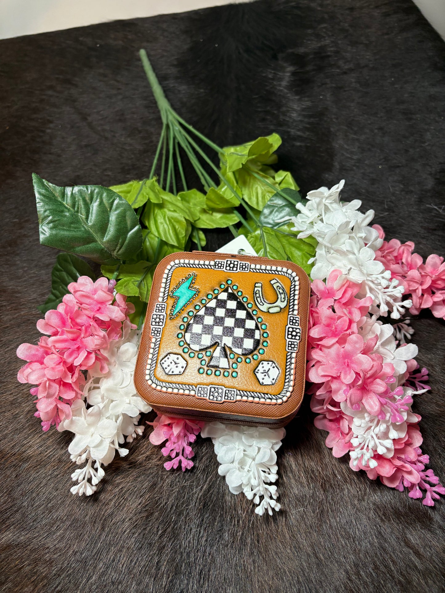 Checkered Spade Print Leather Jewelry Box