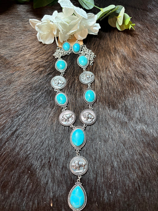 Western Buffalo Engraved Coin Accent Necklace and Earring Set