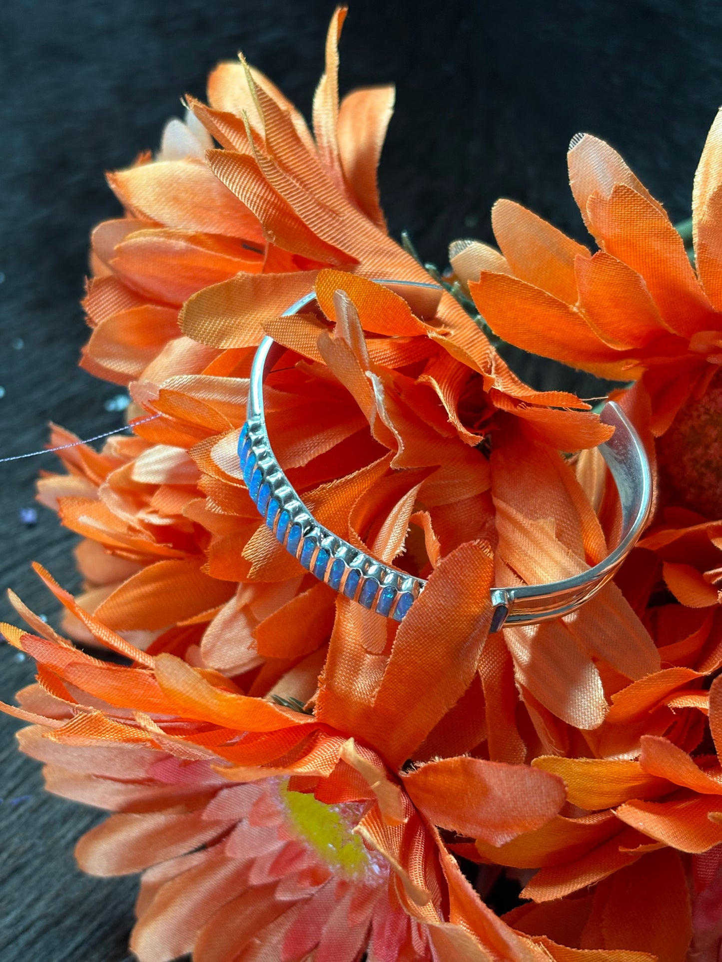 Native American Zuni Handmade Sterling Silver Blue Opal Stacker Cuff Bracelet