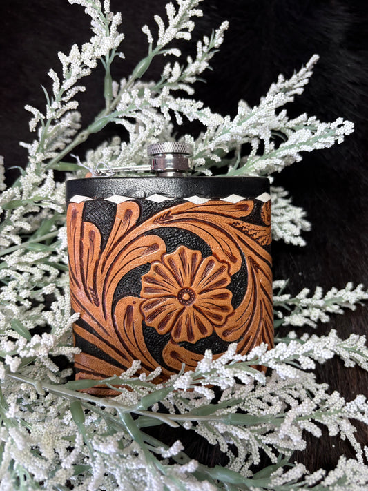 Stainless Steel Tooled leather Flask 7oz.