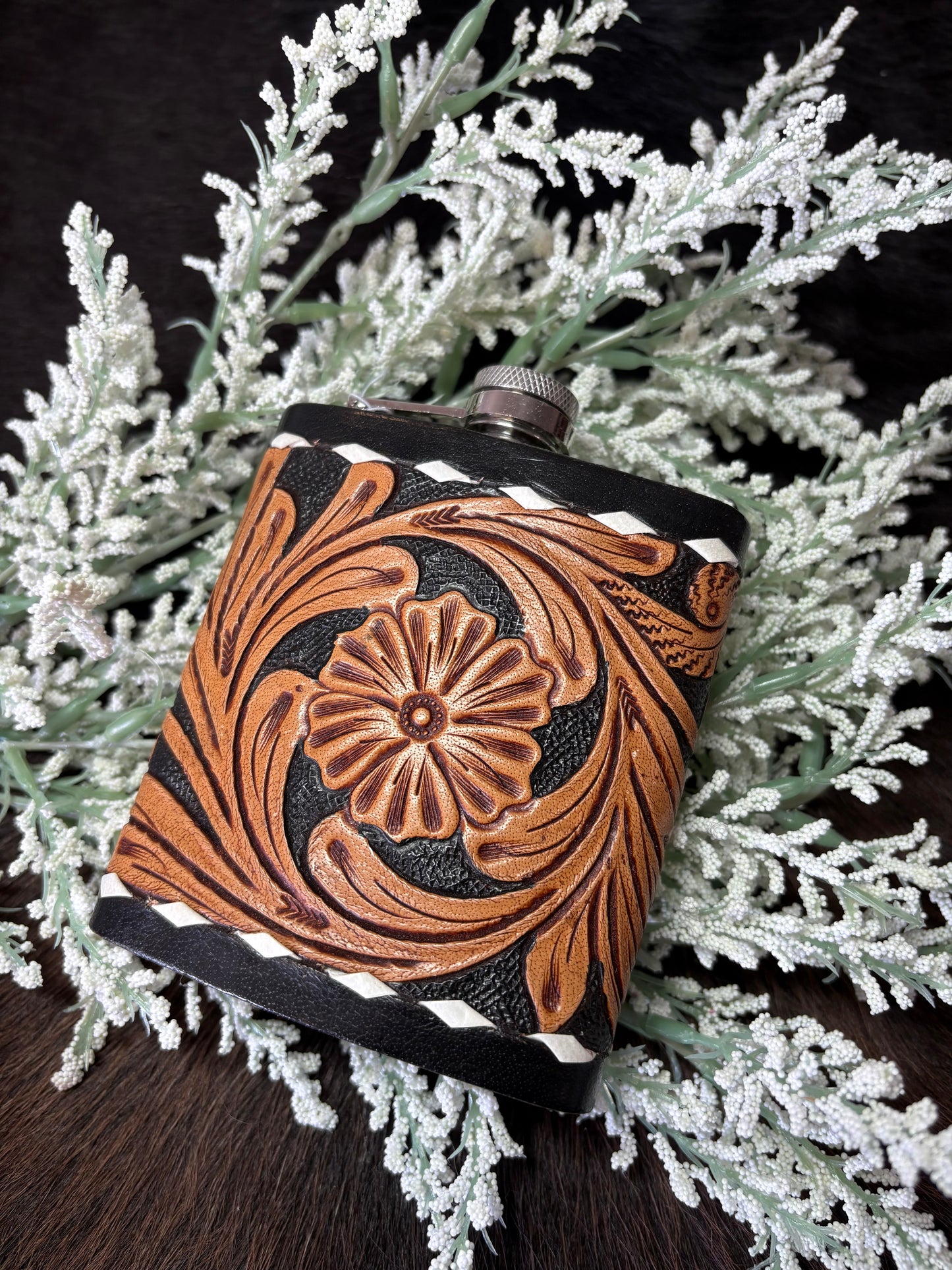 Stainless Steel Tooled leather Flask 7oz.