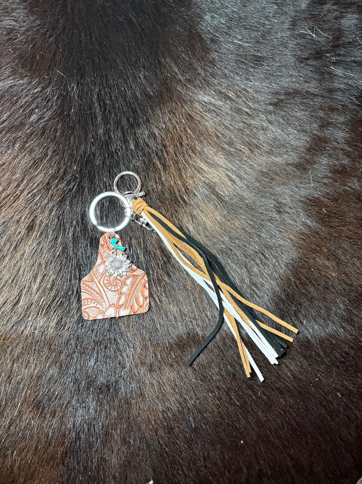 Tooled Leather Ear Tag Key Chain