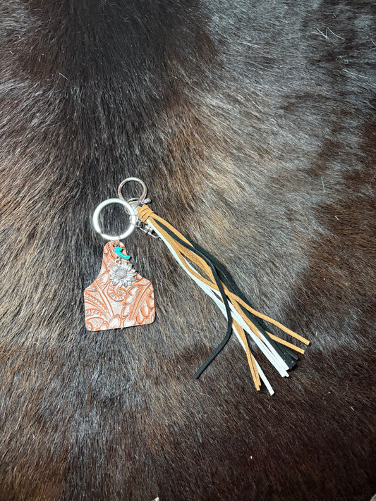 Tooled Leather Ear Tag Key Chain
