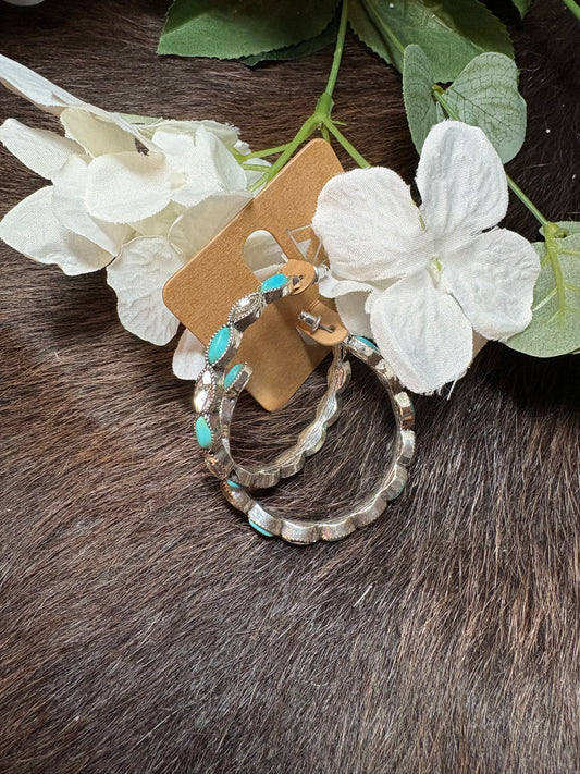 Western Turquoise Colored Stone with Rhinestone Hoop Earring