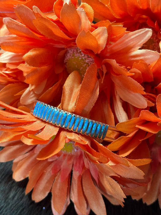 Native American Zuni Handmade Sterling Silver Blue Opal Stacker Cuff Bracelet