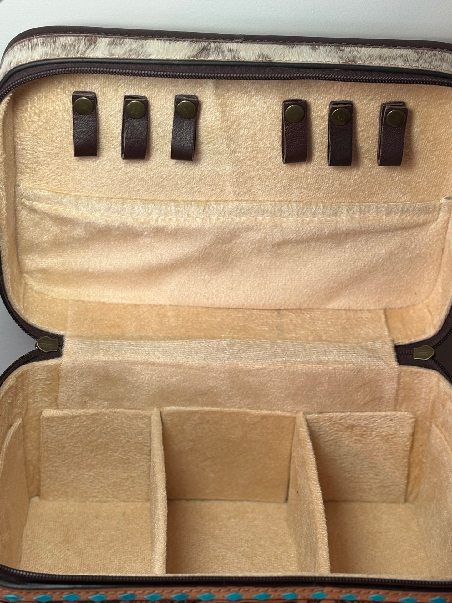 Turquoise Concho, Tooled Leather and Cowhide Jewelry Box