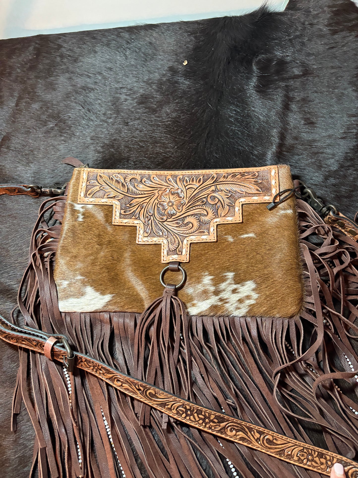 Tooled Leather Fringe Crossbody