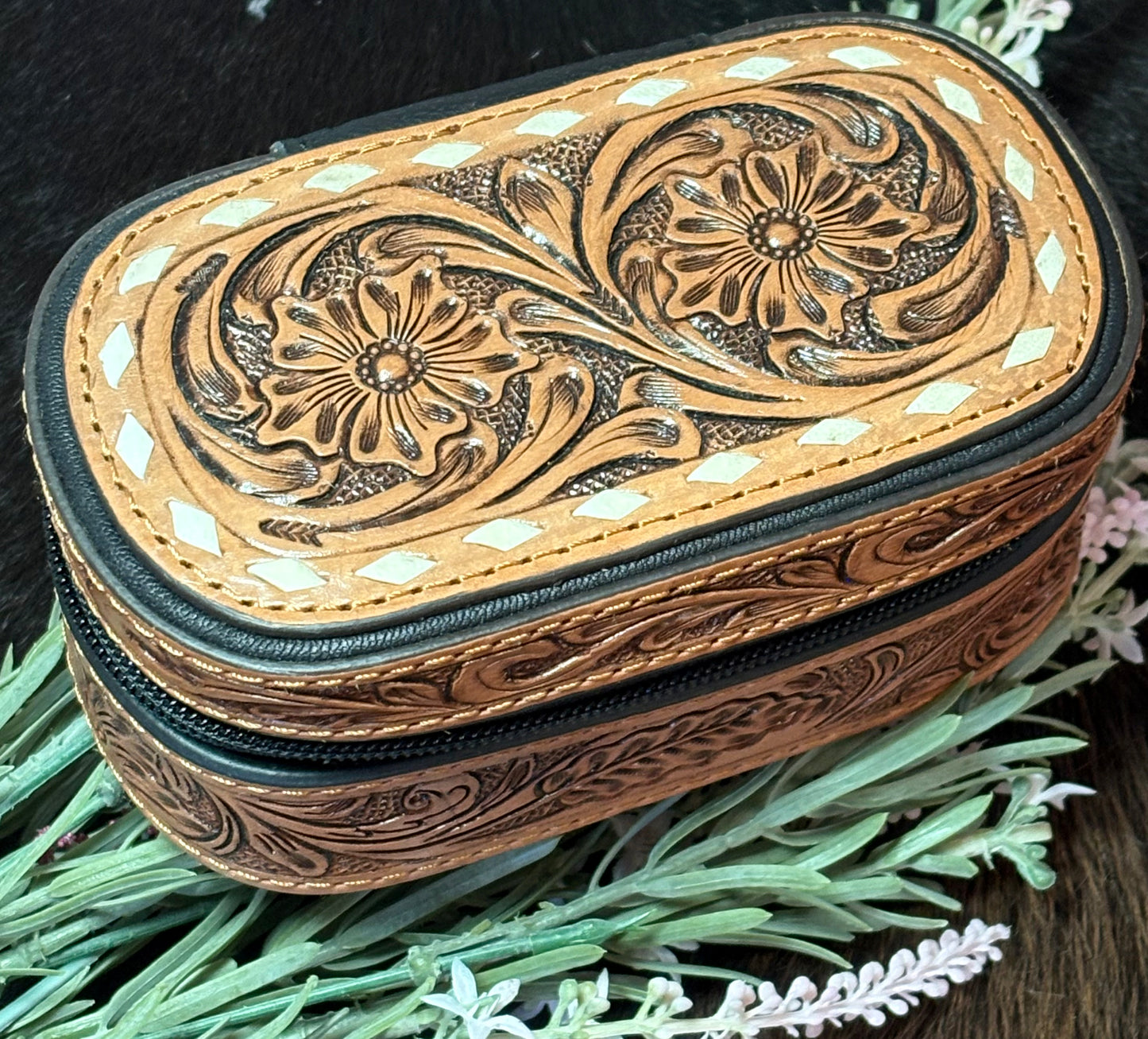 Small Travel Size Tooled Leather Jewelry Box