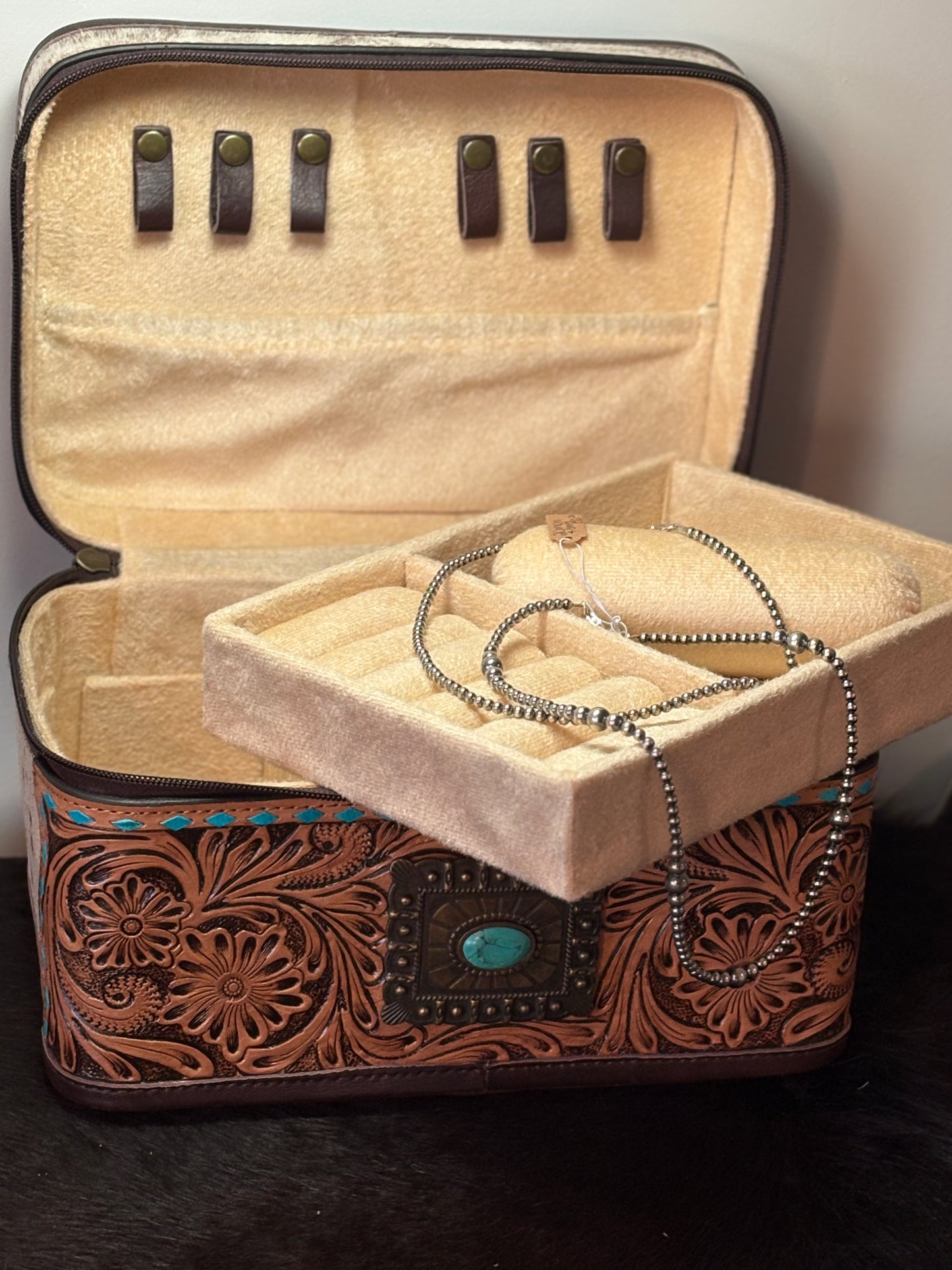 Turquoise Concho, Tooled Leather and Cowhide Jewelry Box
