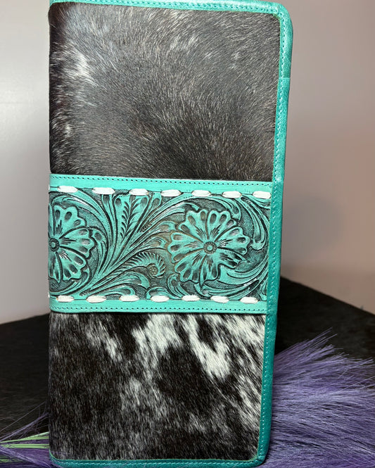 Turquoise Tooled Leather & Cowhide Jewelry Wallet