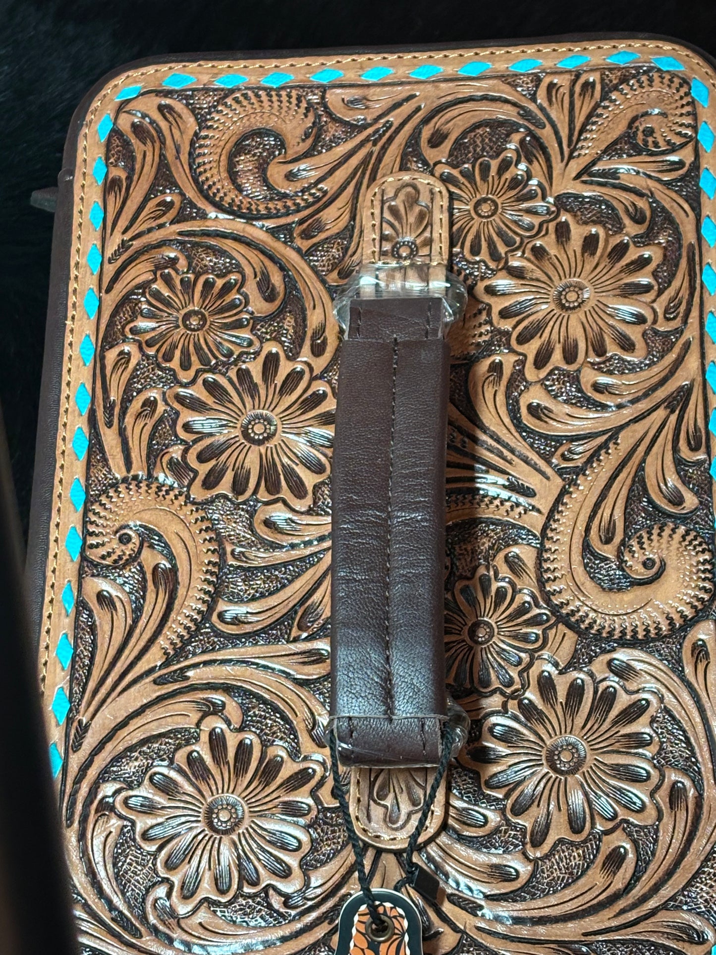 Turquoise Concho, Tooled Leather and Cowhide Jewelry Box